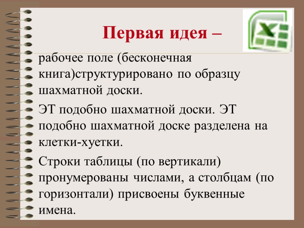 Первая идея – рабочее поле (бесконечная книга)структурировано по образцу шахматной доски. ЭТ подобно шахматной